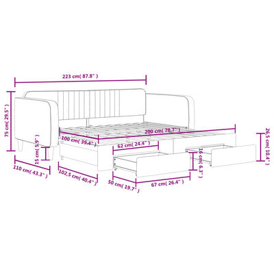 vidaXL Sofá-cama c/ gavetão e gavetas 100x200 cm veludo cinzento-claro