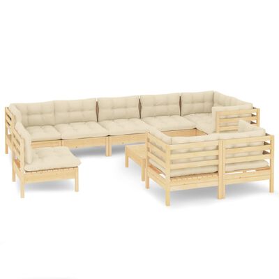 vidaXL 10 pcs conjunto lounge jardim c/ almofadões creme pinho maciço