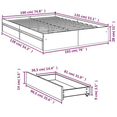 vidaXL Estrutura de cama c/ gavetas 135x190 cm derivados madeira preto