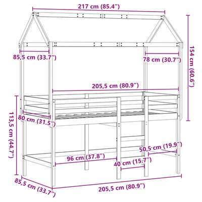 vidaXL Cama alta c/ escada e telhado 80x200 cm pinho maciço