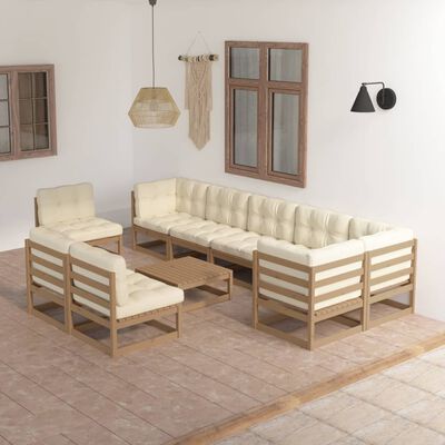 vidaXL 10 pcs conjunto lounge de jardim c/ almofadões pinho maciço