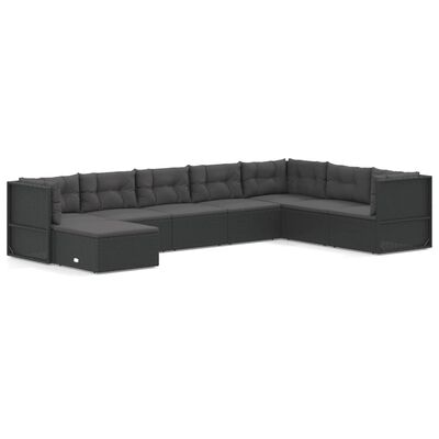 vidaXL 8 pcs conjunto lounge de jardim c/ almofadões vime PE preto