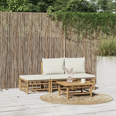 vidaXL 4 pcs conjunto lounge de jardim bambu c/ almofadões branco nata