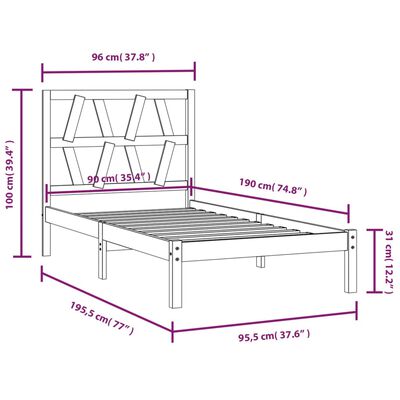 vidaXL Estrutura de cama solteiro 90x190 cm pinho maciço