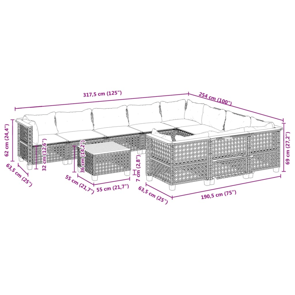 vidaXL 11 pcs conjunto sofás de jardim c/ almofadões vime PE preto