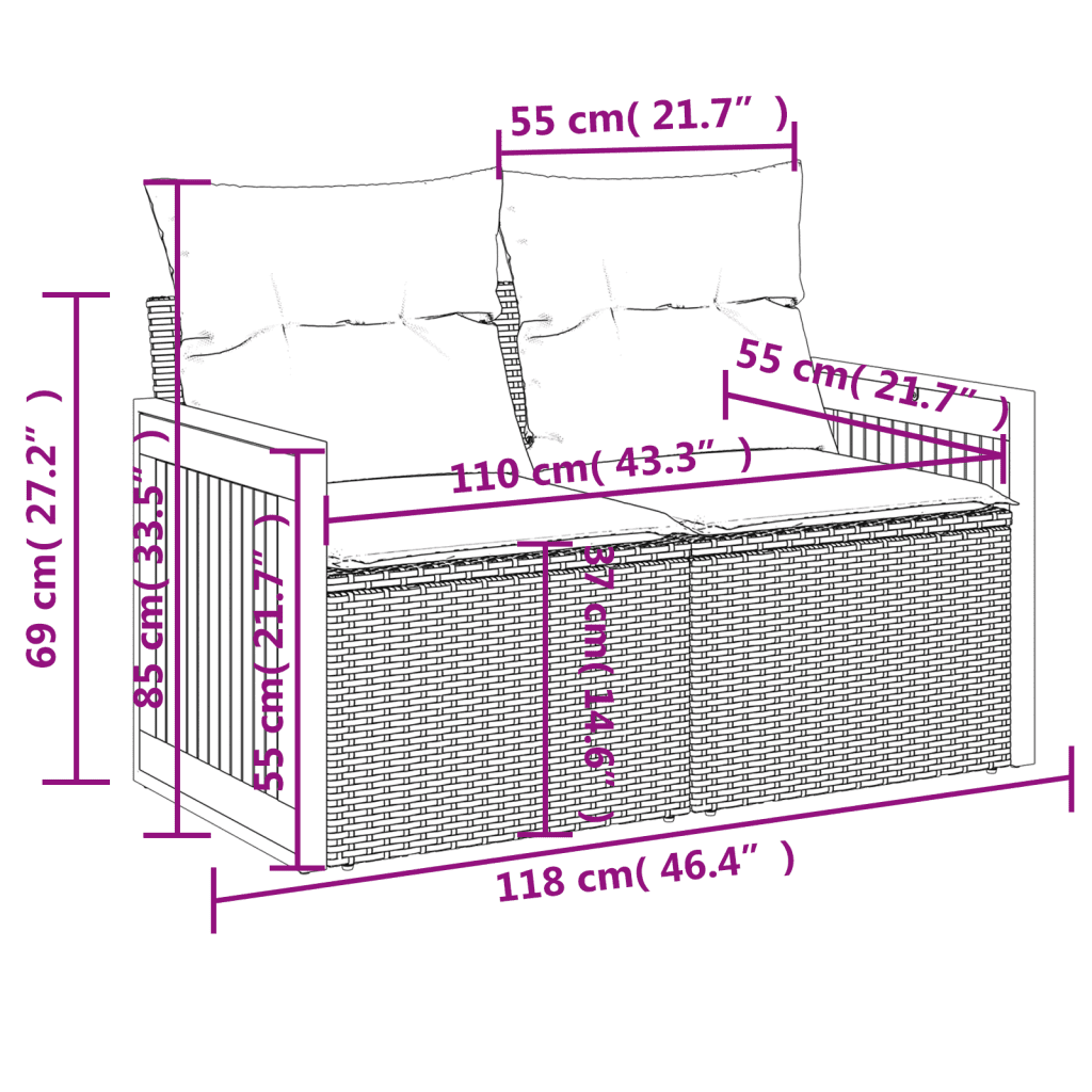 vidaXL 9 pcs conjunto sofás p/ jardim com almofadões vime PE cinzento