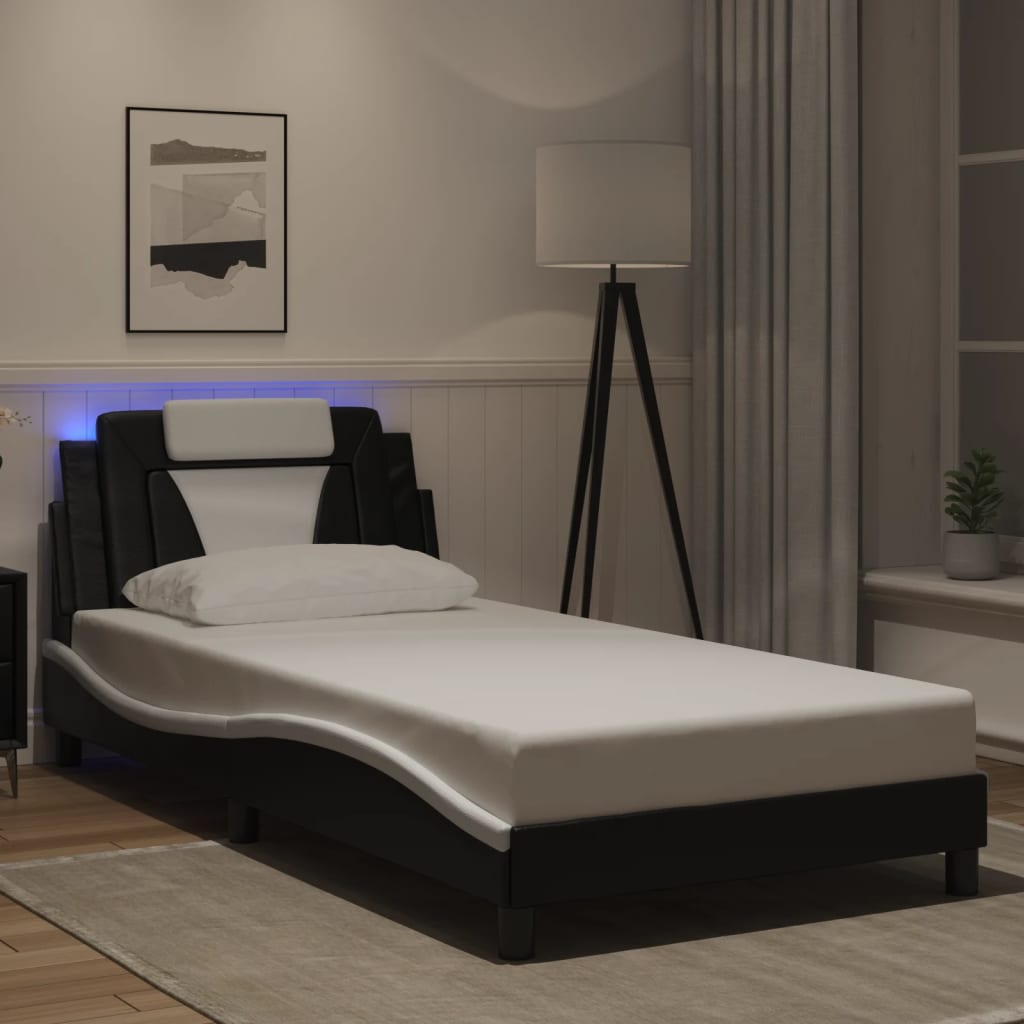 vidaXL Estrutura cama c/ luzes LED 100x200cm couro artif. preto/branco