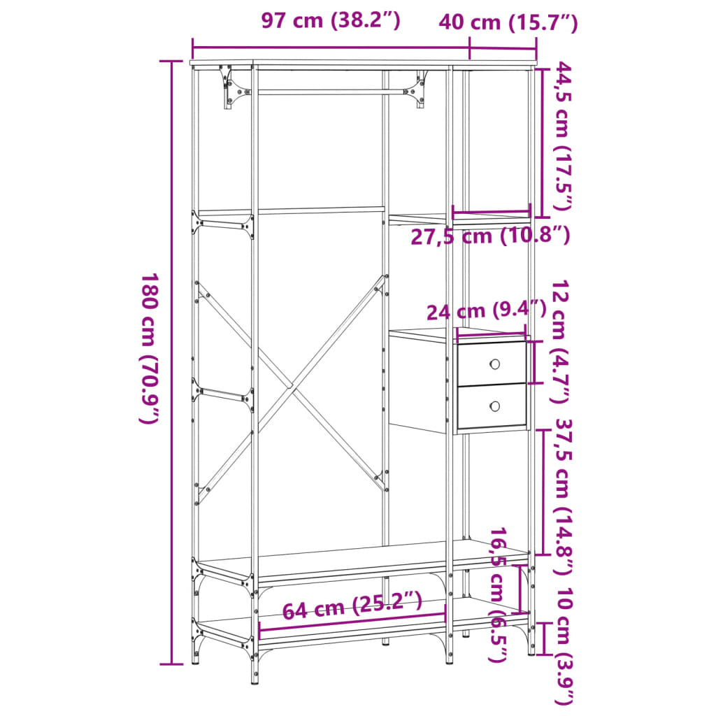 vidaXL Suporte p/ roupas c/ prateleiras deriv. madeira cinzento sonoma