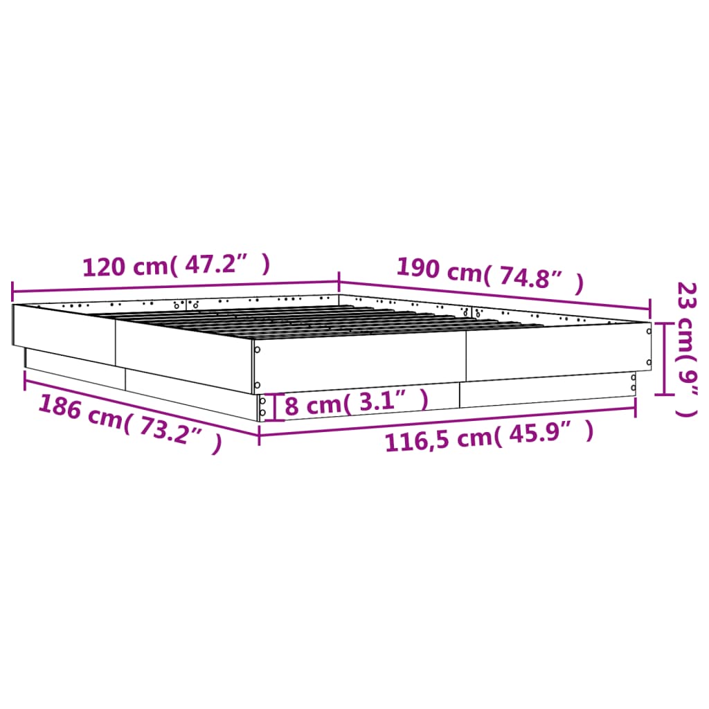 vidaXL Estrutura de cama com luzes LED 120x190 cm cinzento cimento