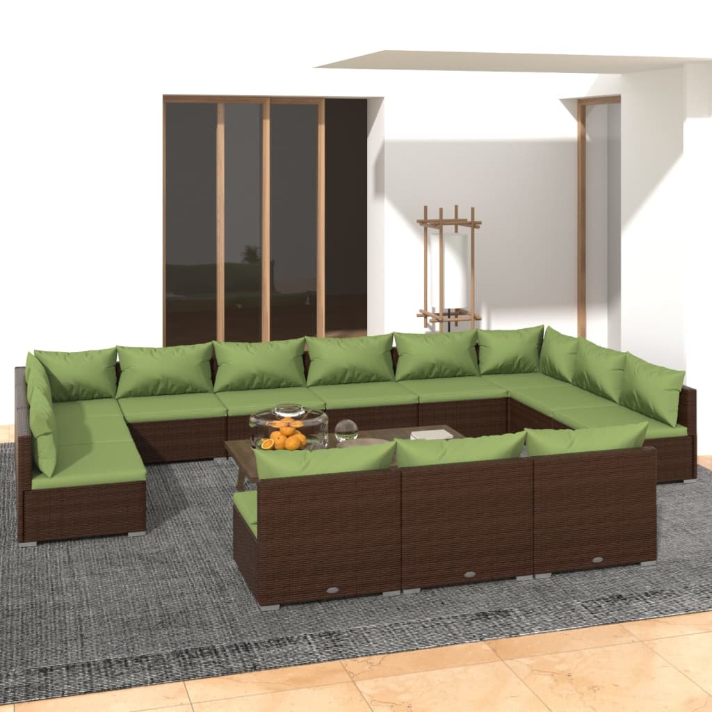 vidaXL 13 pcs conjunto lounge de jardim c/ almofadões vime PE castanho