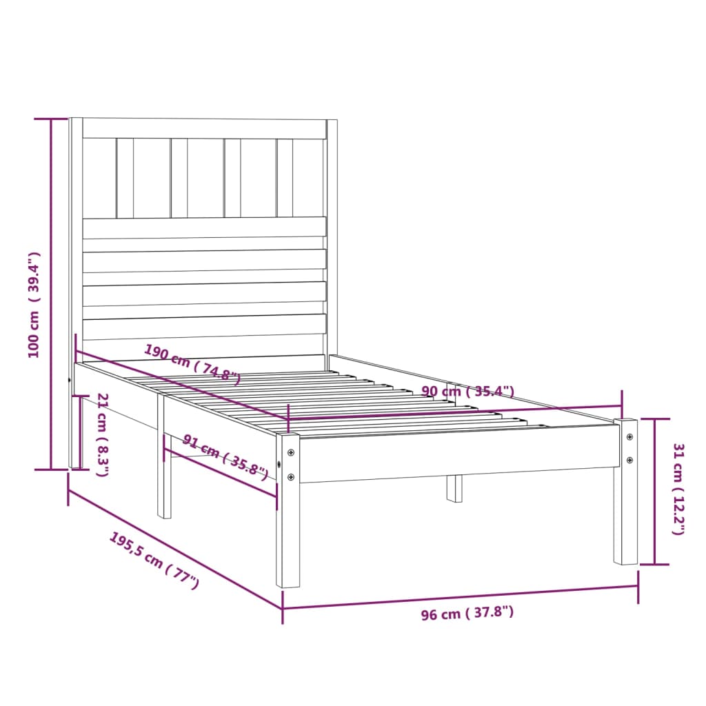 vidaXL Estrutura de cama de solteiro 90x190 cm pinho maciço branco