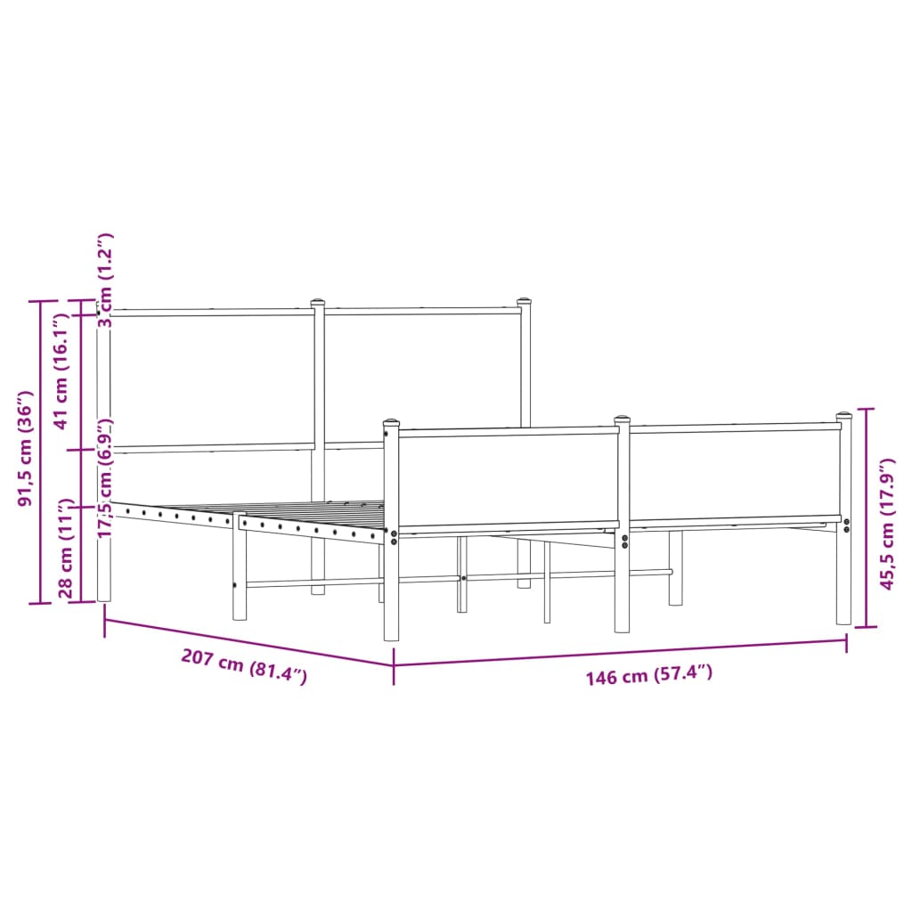 vidaXL Estrutura de cama sem colchão 140x200cm metal carvalho castanho