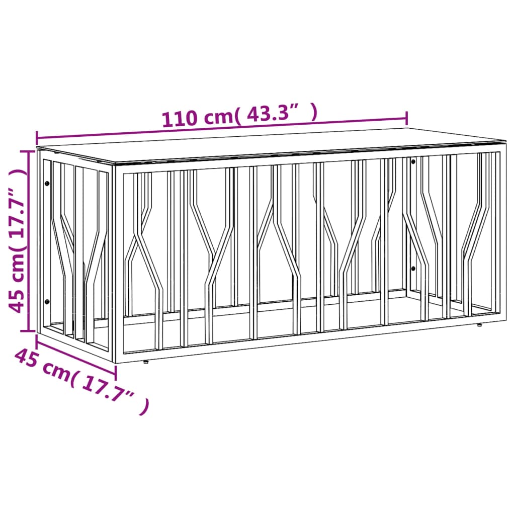 vidaXL Mesa de centro 110x45x45 cm aço inoxidável e vidro dourado