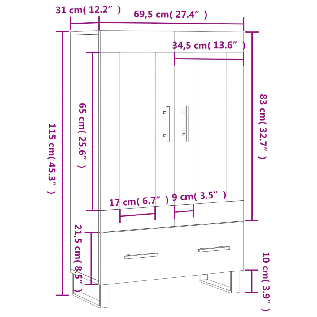 vidaXL Aparador alto 69,5x31x115 cm derivados de madeira cinza-cimento