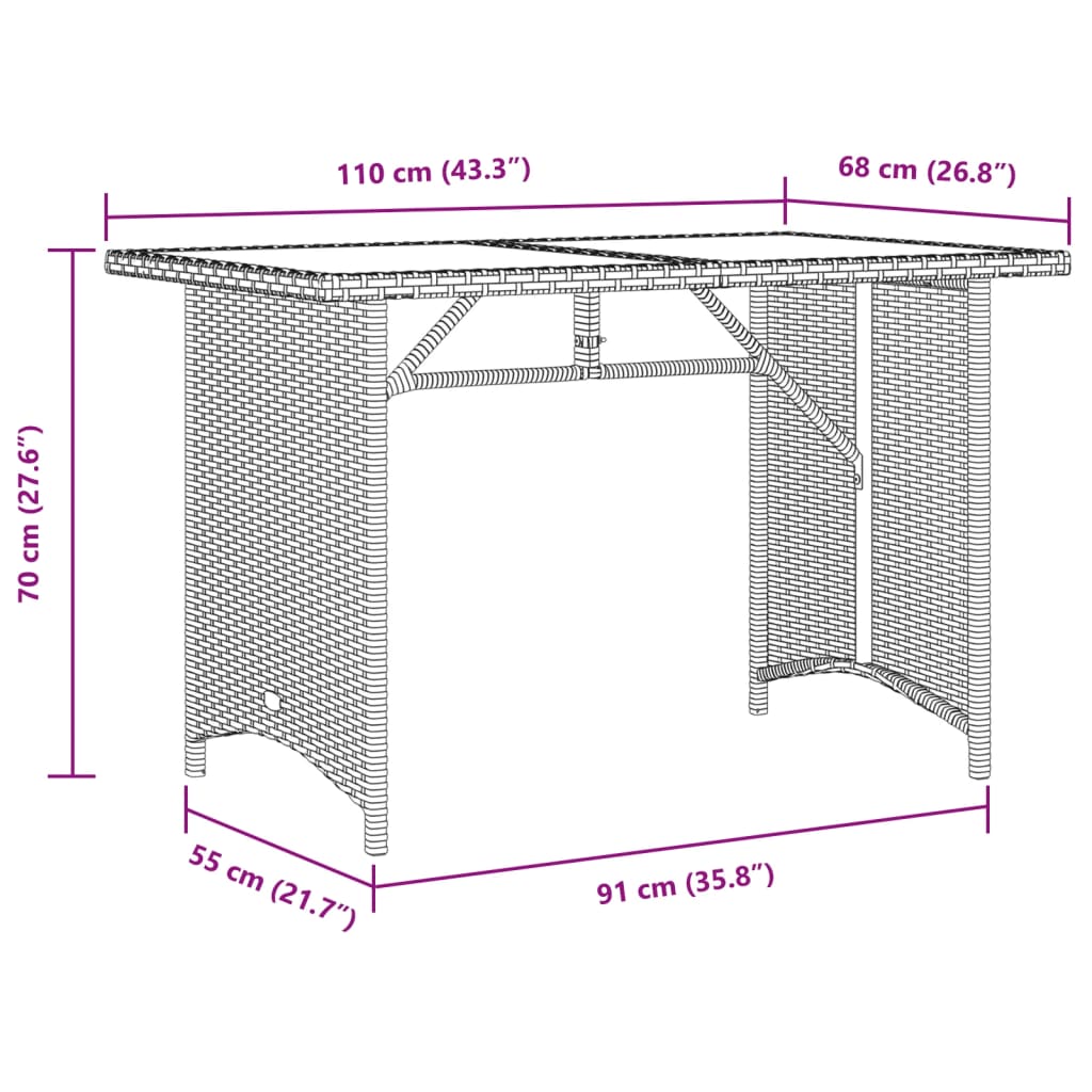 vidaXL Mesa de jardim com tampo de madeira 110x68x70 cm vime PE preto