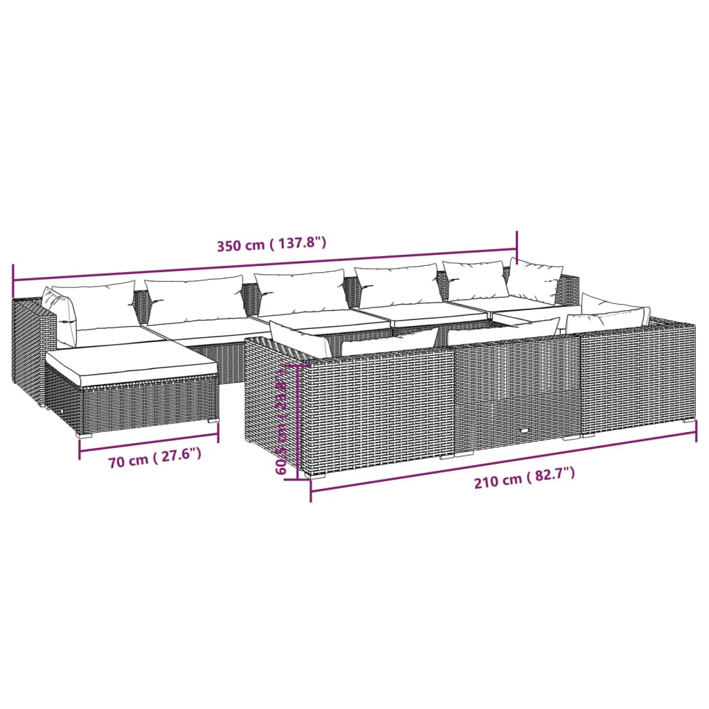 vidaXL 10 pcs conjunto lounge de jardim c/ almofadões vime PE preto