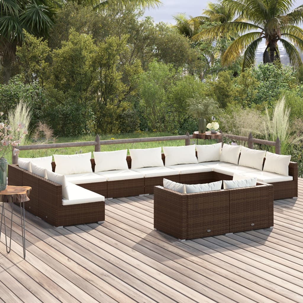 vidaXL 12 pcs conjunto lounge jardim c/ almofadões vime PE castanho