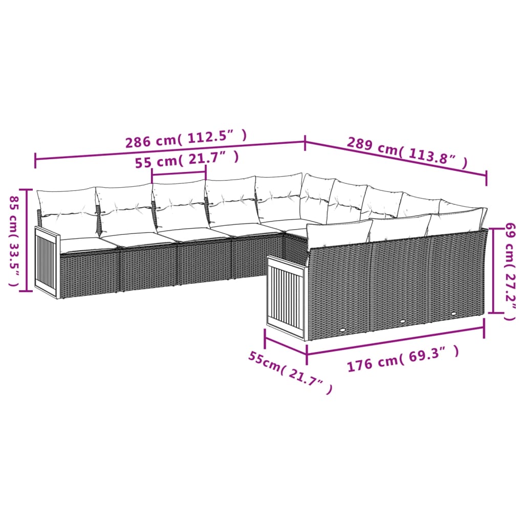 vidaXL 11 pcs conjunto sofás de jardim c/ almofadões vime PE bege