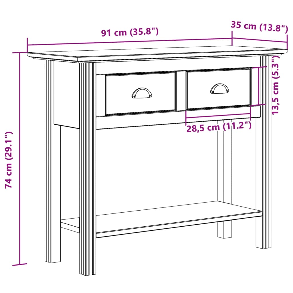 vidaXL Mesa consola BODO 91x35x74cm madeira de pinho maciça castanho