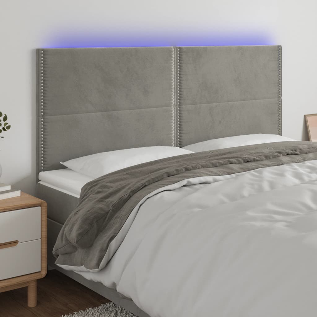 vidaXL Cabeceira de cama c/ LED veludo 160x5x118/128 cm cinza-claro