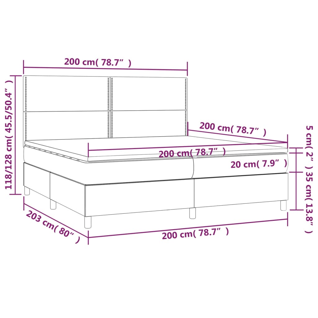 vidaXL Cama box spring c/ colchão/LED 200x200cm couro artificial preto