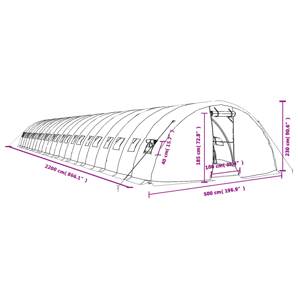 vidaXL Estufa com estrutura de aço 110 m² 22x5x2,3 m verde