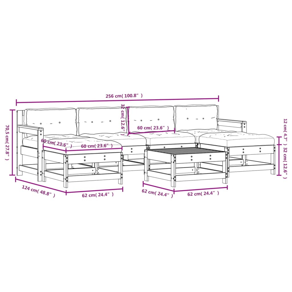 vidaXL 7pcs conjunto lounge jardim c/ almofadões madeira maciça branco