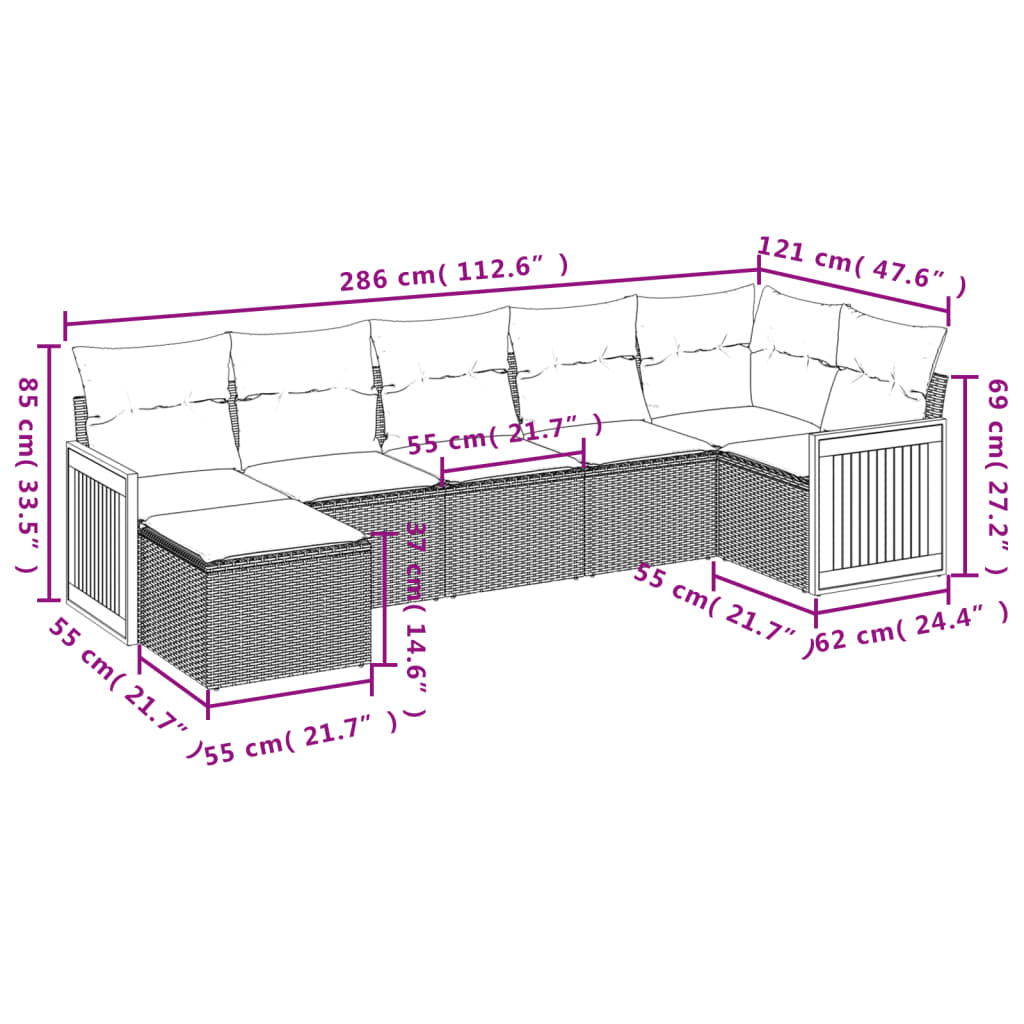 vidaXL 7 pcs conjunto de sofás p/ jardim c/ almofadões vime PE preto