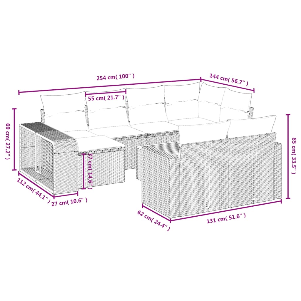 vidaXL 11 pcs conjunto sofás de jardim c/ almofadões vime PE cinzento