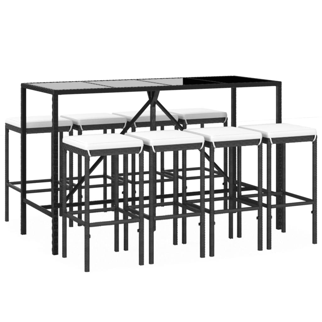 vidaXL 9 pcs conjunto de bar para jardim c/ almofadões vime PE preto