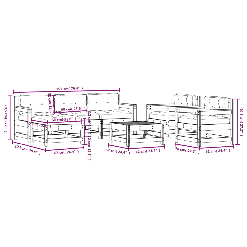 vidaXL 7 pcs conjunto lounge de jardim com almofadões madeira maciça