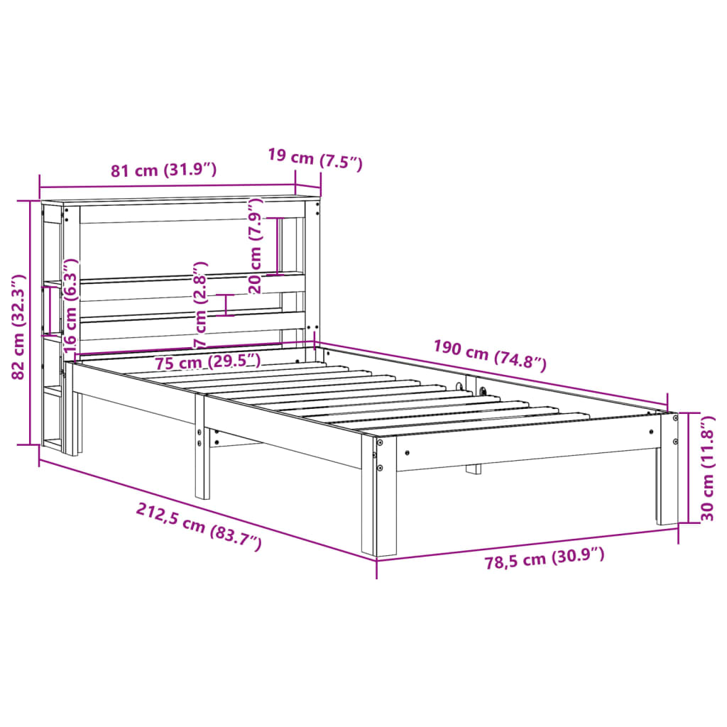 vidaXL Estrutura cama c/ cabeceira 75x190 cm pinho maciço