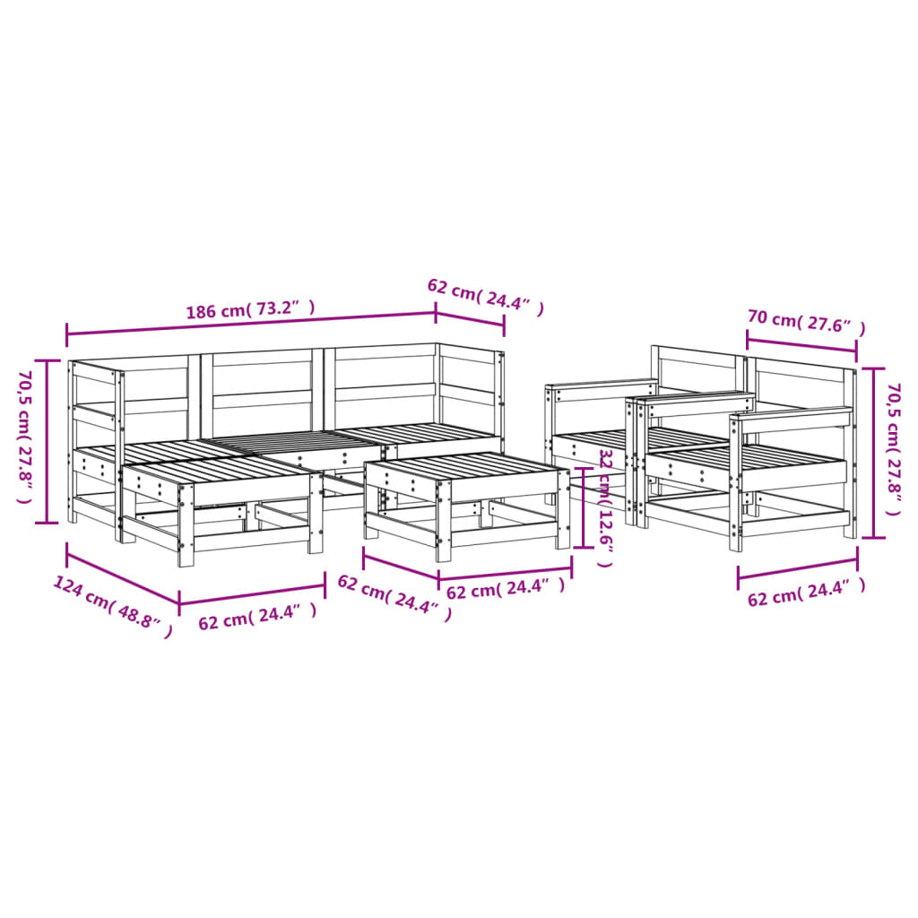 vidaXL 7 pcs conjunto lounge de jardim pinho maciço