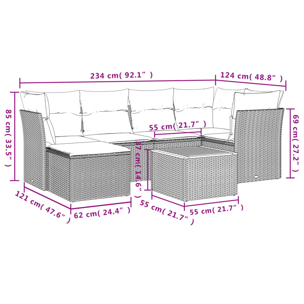 vidaXL 7 pcs conjunto de sofás p/ jardim com almofadões vime PE bege