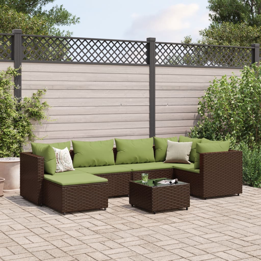 vidaXL 7 pcs conjunto lounge de jardim c/ almofadões vime PE castanho