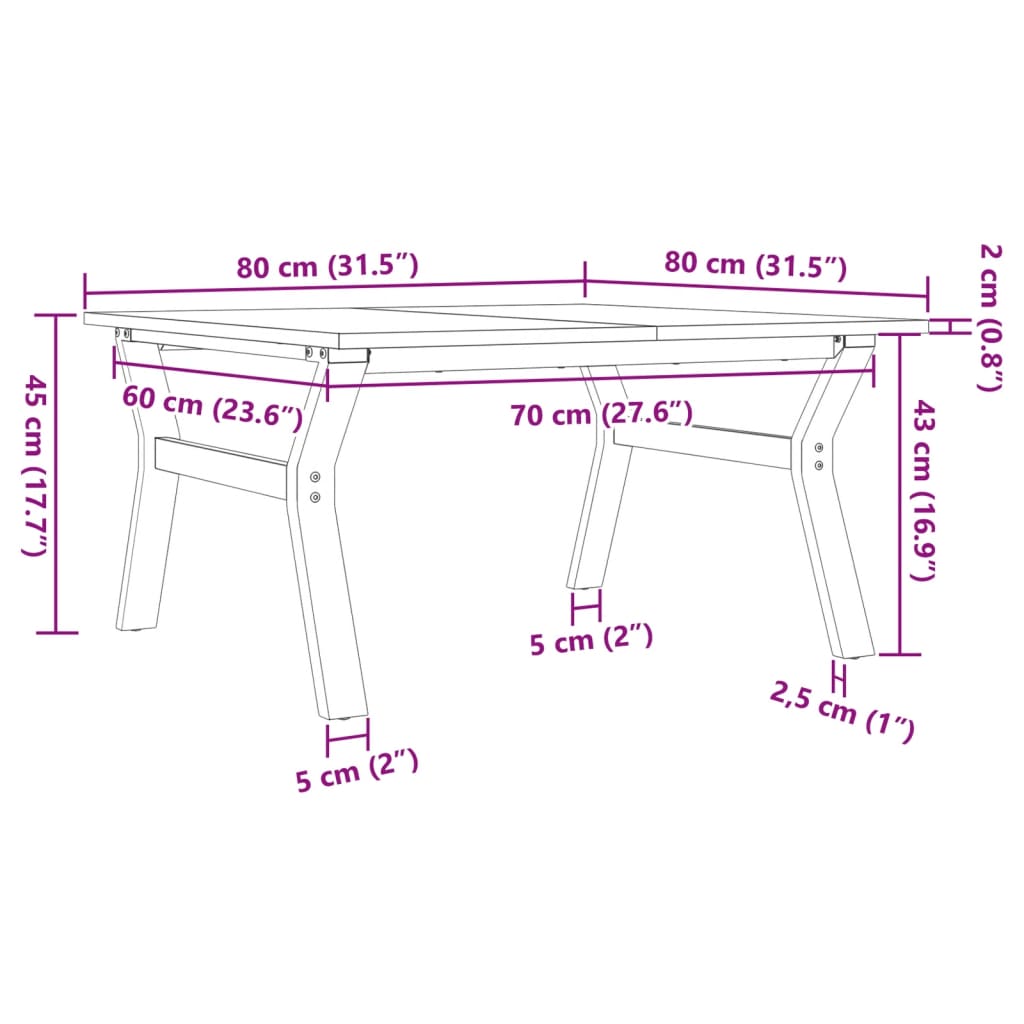 vidaXL Mesa de centro estrutura em Y 80x80x45 cm pinho e ferro fundido