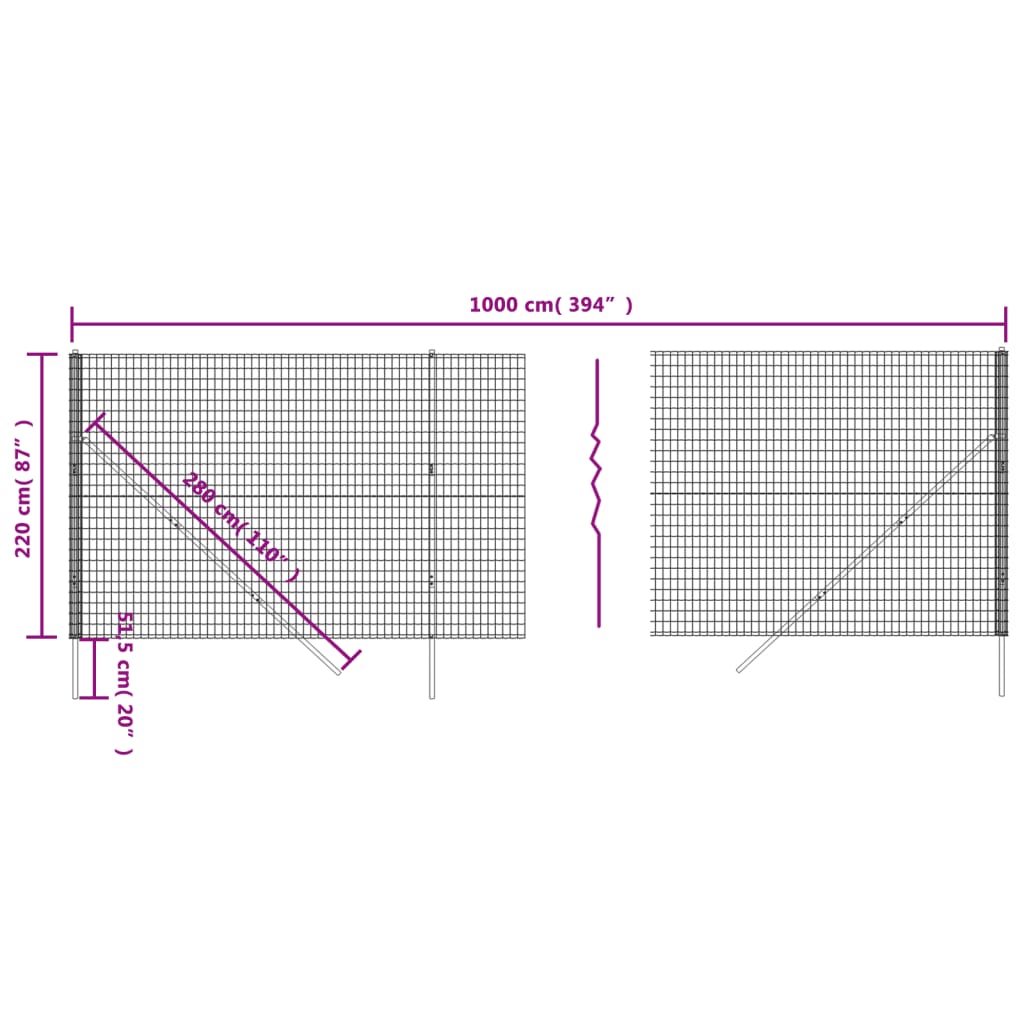 vidaXL Cerca de malha de arame 2,2x10 m aço galvanizado antracite