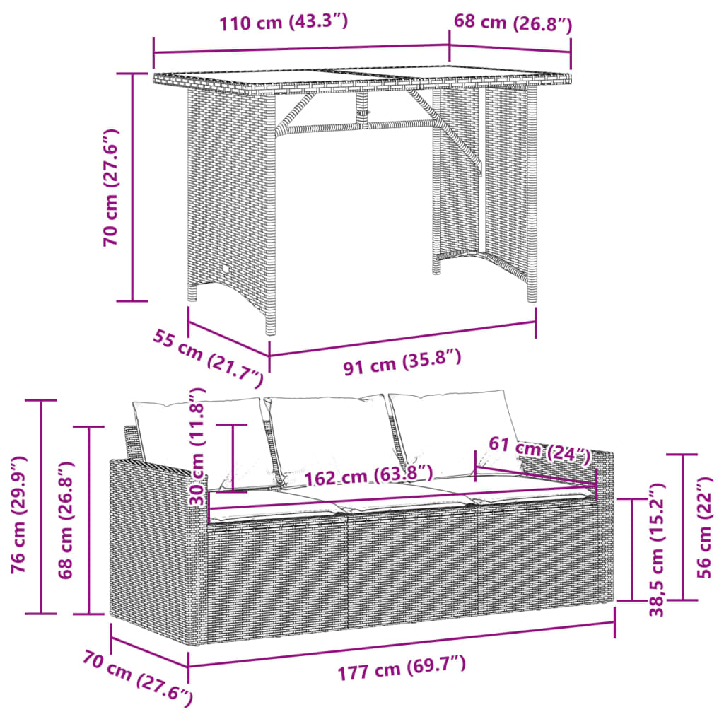 vidaXL 2 pcs conjunto de jantar p/ jardim c/ almofadões vime PE cinza