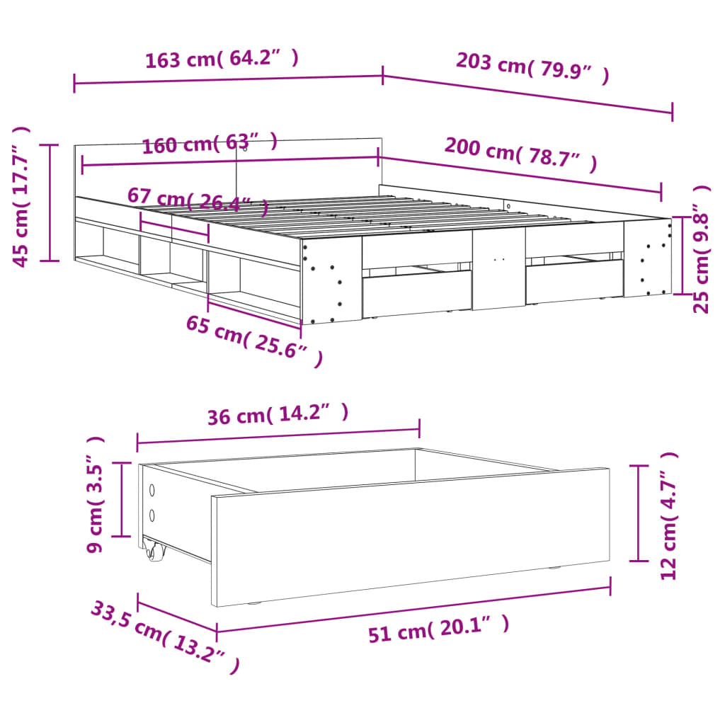 vidaXL Estrutura de cama c/ gavetas 160x200cm derivados madeira branco