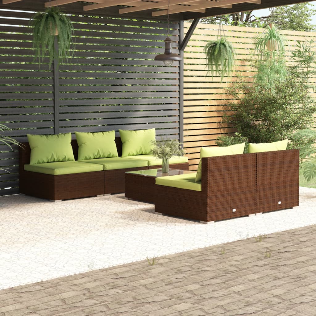 vidaXL 6 pcs conjunto lounge jardim c/ almofadões vime PE castanho