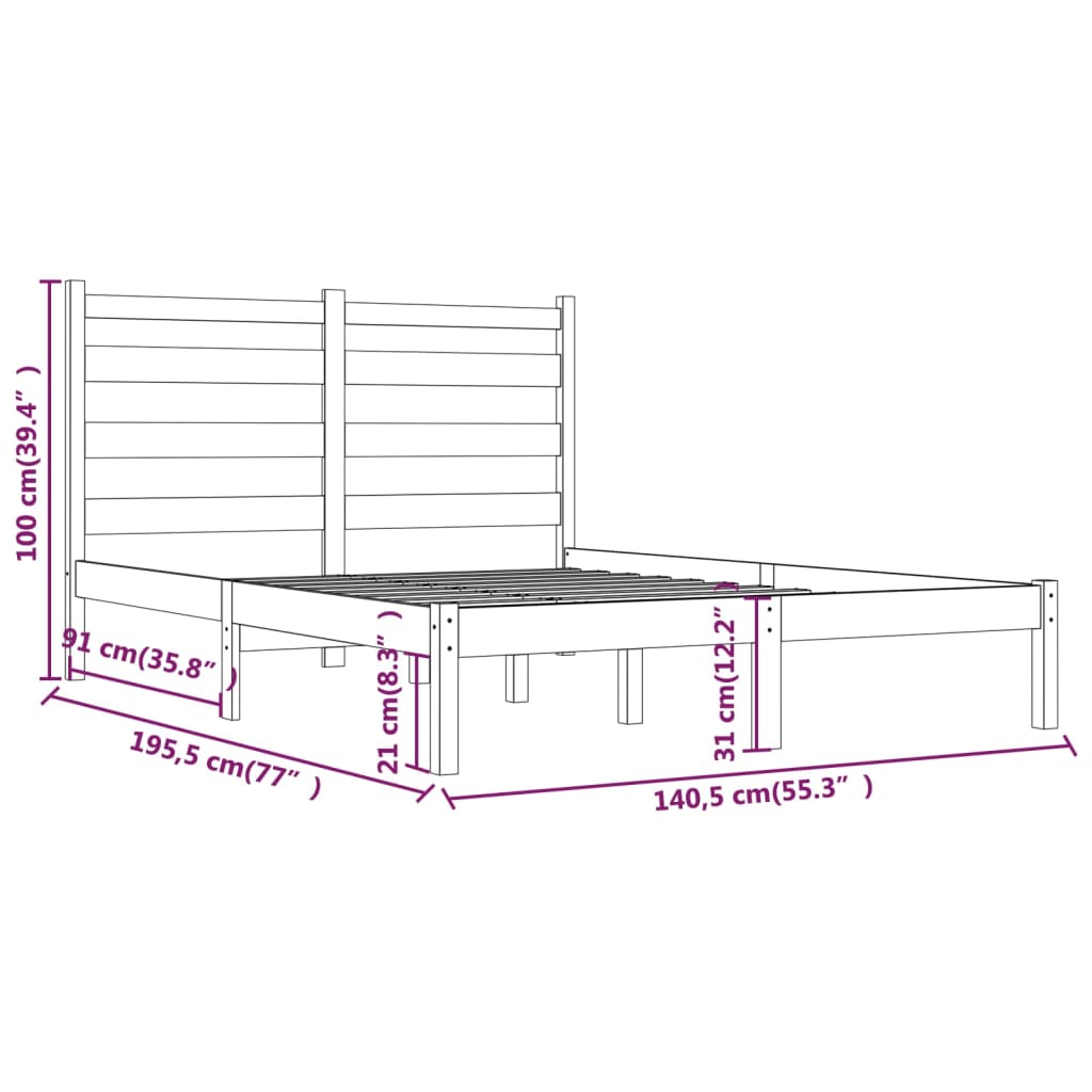 vidaXL Estrutura de cama casal 135x190 cm pinho maciço preto