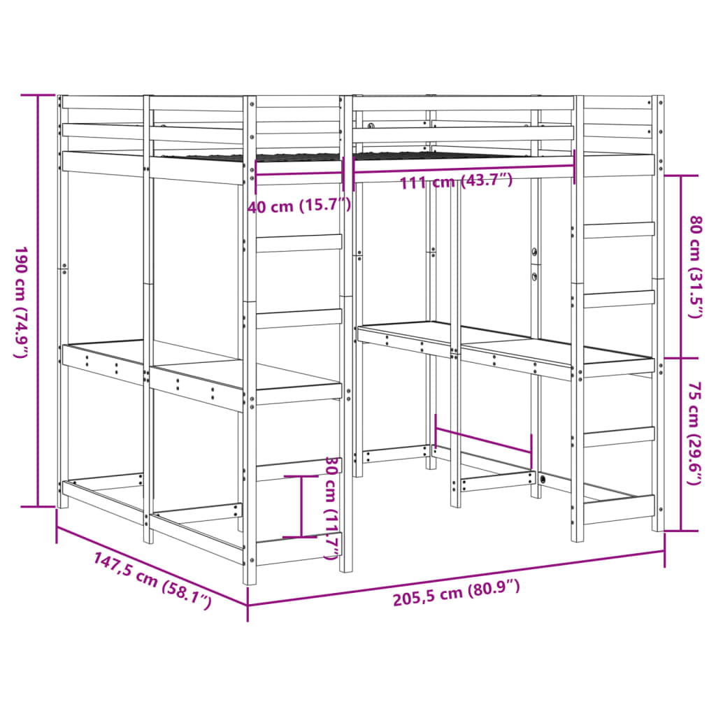 vidaXL Cama alta com secretária e escada 140x200 cm pinho maciço