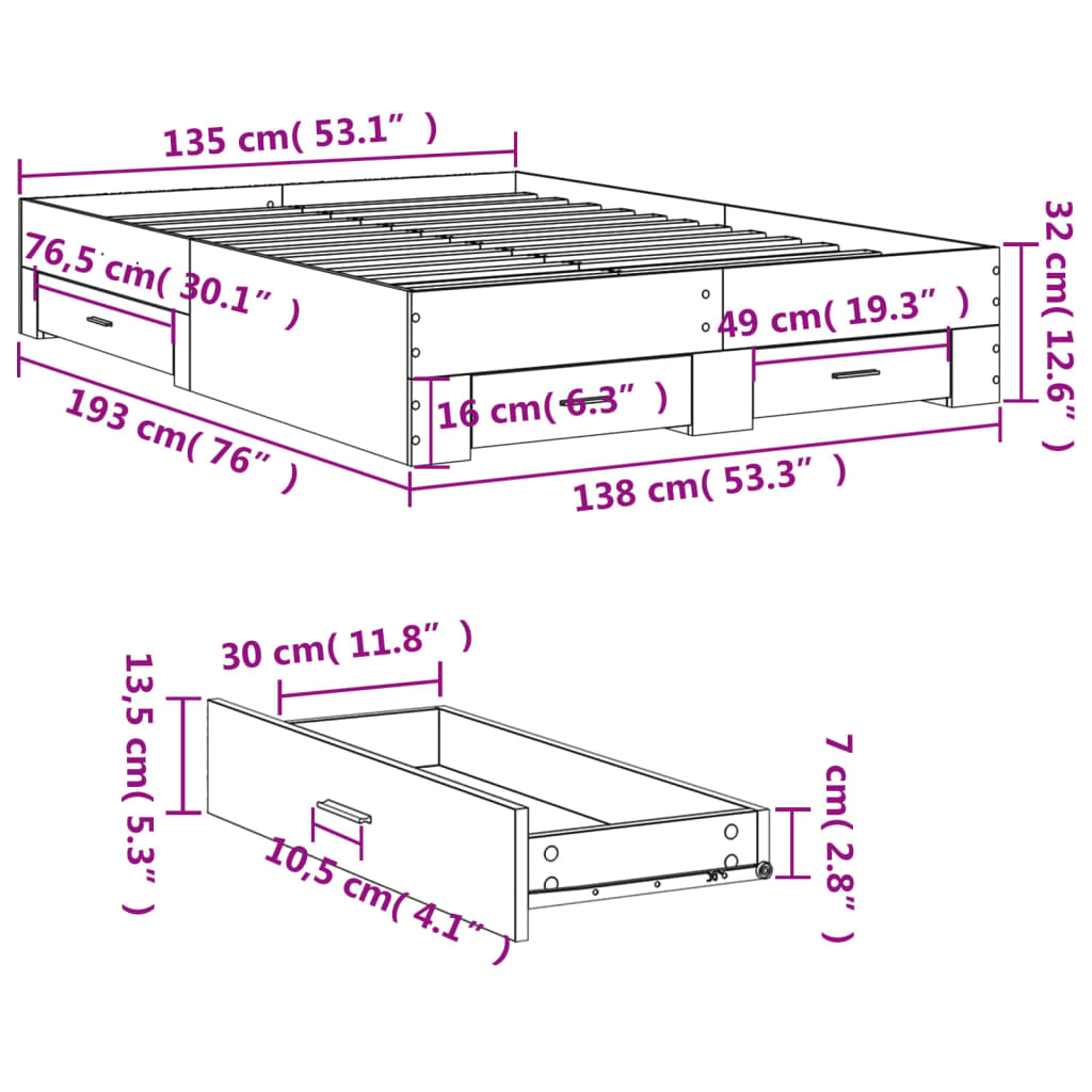 vidaXL Estrutura de cama c/ gavetas 135x190 cm derivados madeira preto