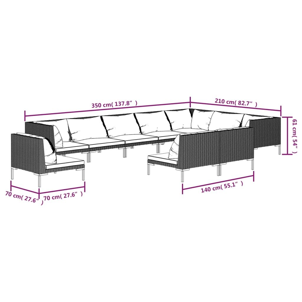 vidaXL 10 pcs conj. lounge jardim c/ almofadões vime PE cinza-escuro