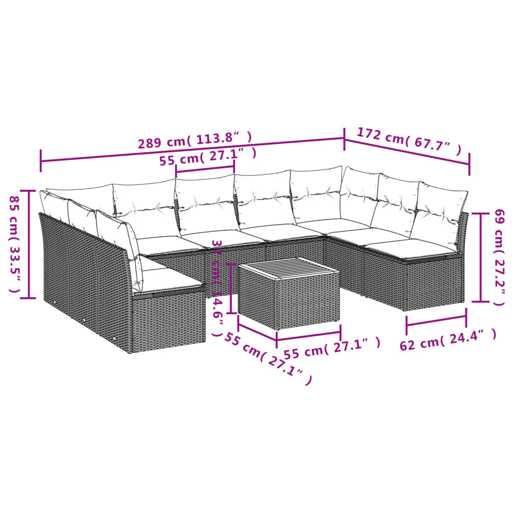 vidaXL 10 pcs conjunto sofás de jardim c/ almofadões vime PE cinzento