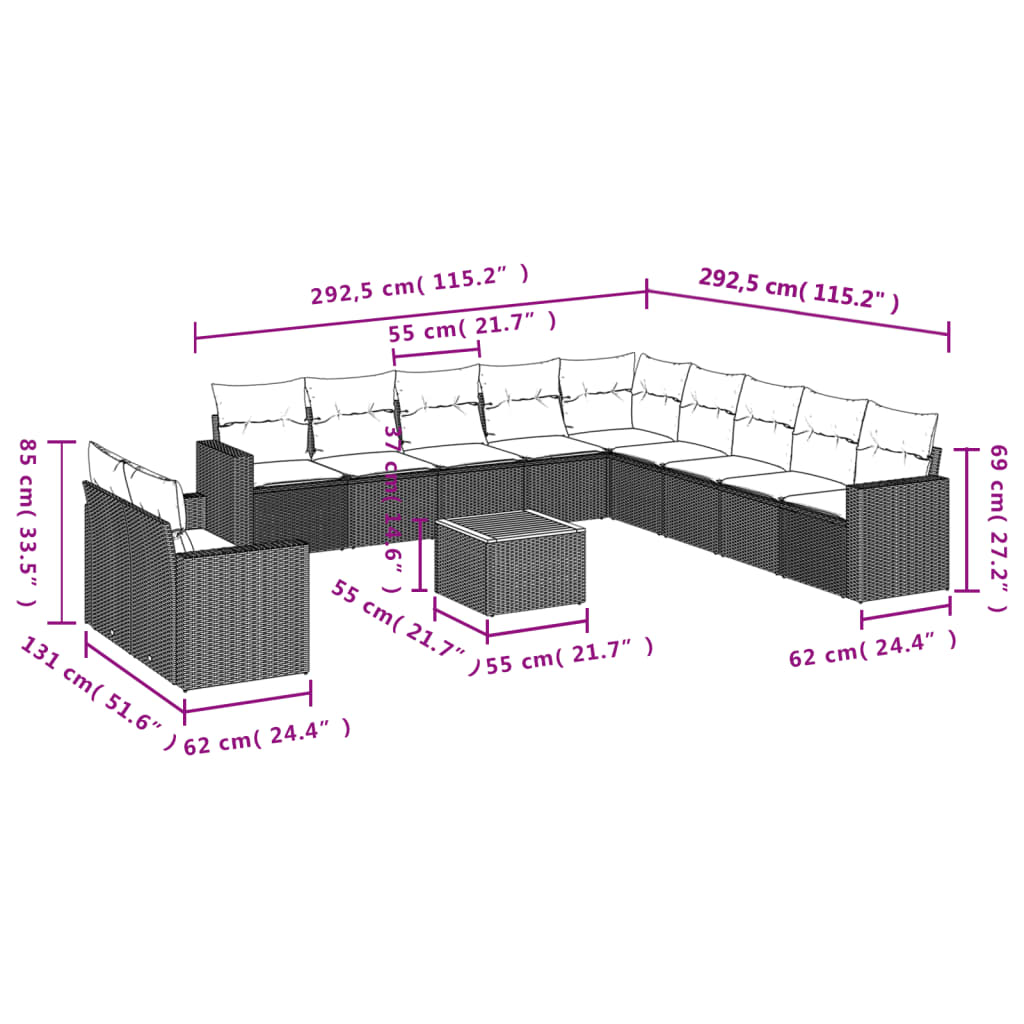 vidaXL 12 pcs conjunto de sofás de jardim c/ almofadões vime PE preto