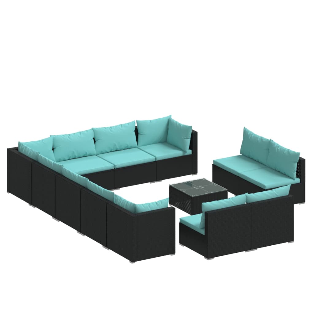 vidaXL 13 pcs conjunto lounge de jardim c/ almofadões vime PE preto