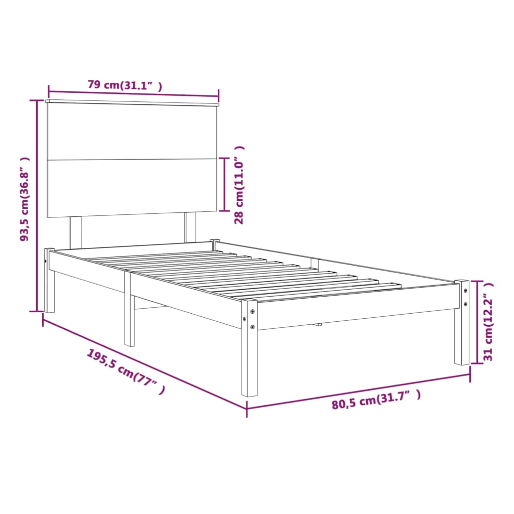 vidaXL Estrutura cama pequena solteiro 75x190 cm madeira castanho mel