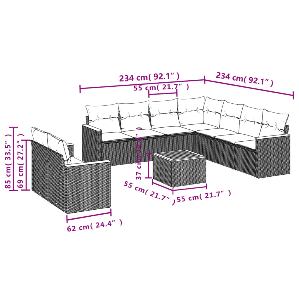 vidaXL 10 pcs conj. sofás jardim c/ almofadões vime PE bege misturado