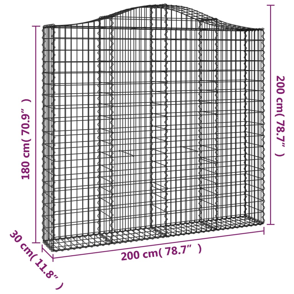 vidaXL Cestos gabião arqueados 3pcs 200x30x180/200cm ferro galvanizado